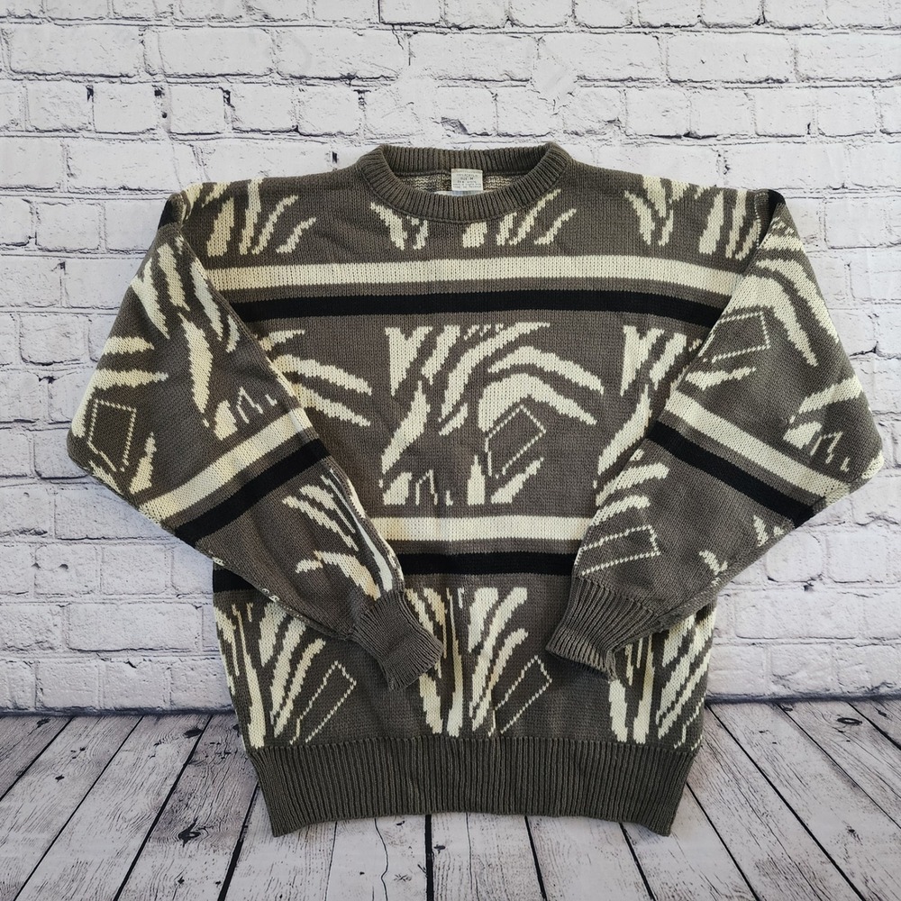 Vintage Gitano PS 101 Men's Medium Gray Abstract Geometric Knit Crewneck Sweater